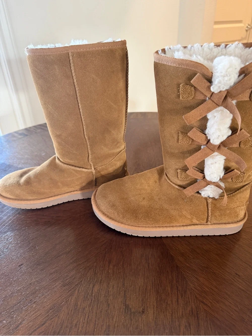 Koolaburra Chestnut Suede Mid-Calf Shearling Boots with Side Bows